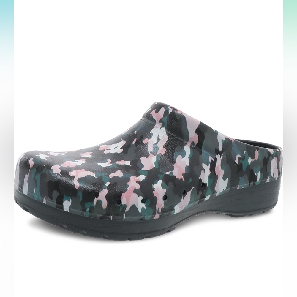 Dansko• Kane Camo Molded lightweight green pink black clog slip on size 38